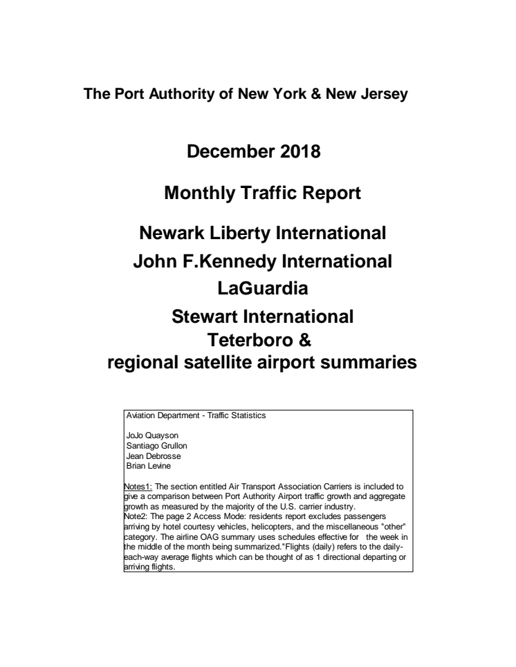 The Port Authority of New York & New Jersey - monthly traffic report - December 2018