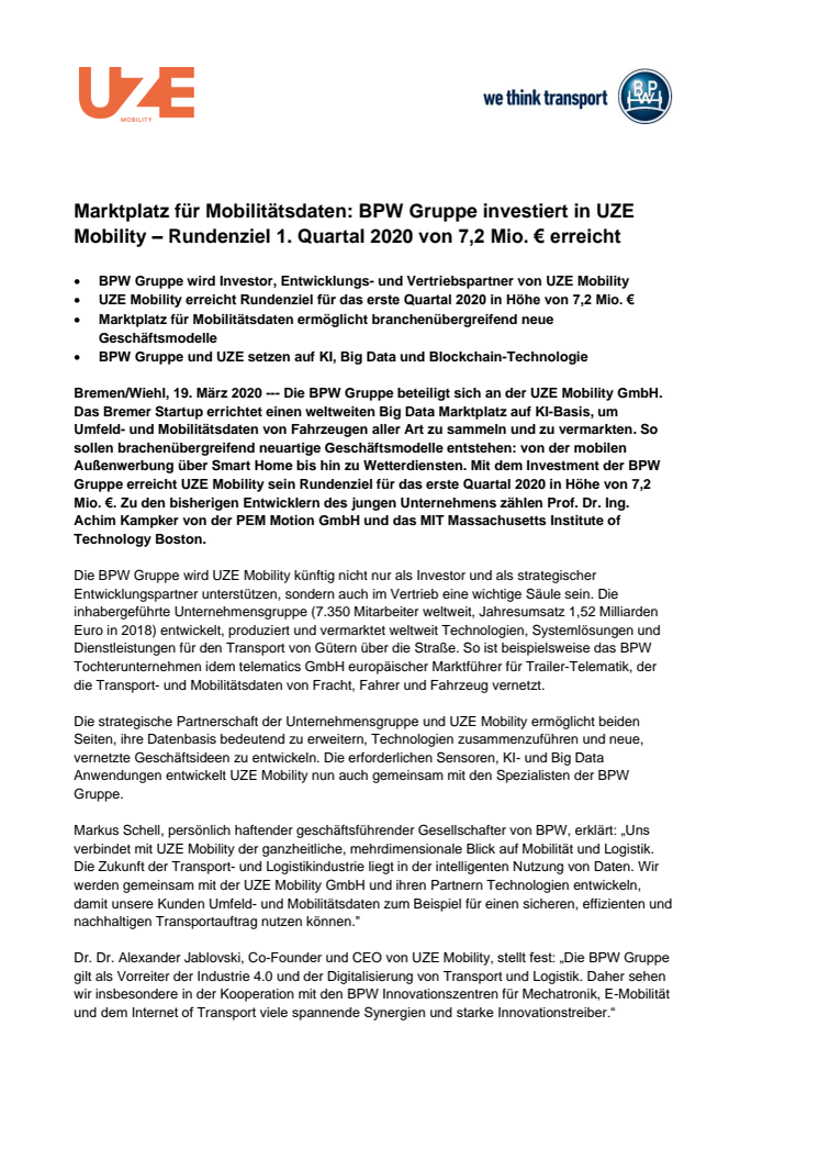 Marktplatz für Mobilitätsdaten: BPW Gruppe investiert in UZE Mobility – Rundenziel 1. Quartal 2020 von 7,2 Mio. € erreicht