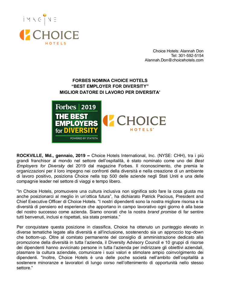 Forbes nomina Choice Hotels “Best Employer for Diversity” - Miglior Datore di Lavoro per Diversità