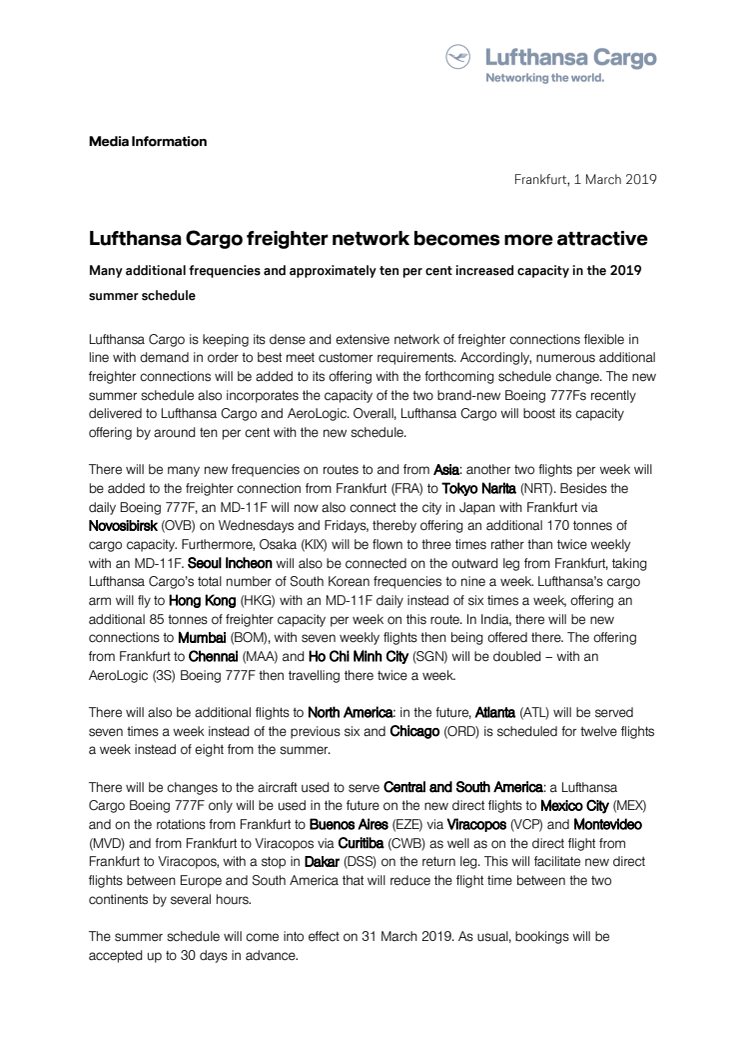 Lufthansa Cargo freighter network becomes more attractive
