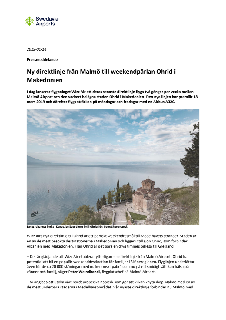 Ny direktlinje från Malmö till weekendpärlan Ohrid i Makedonien