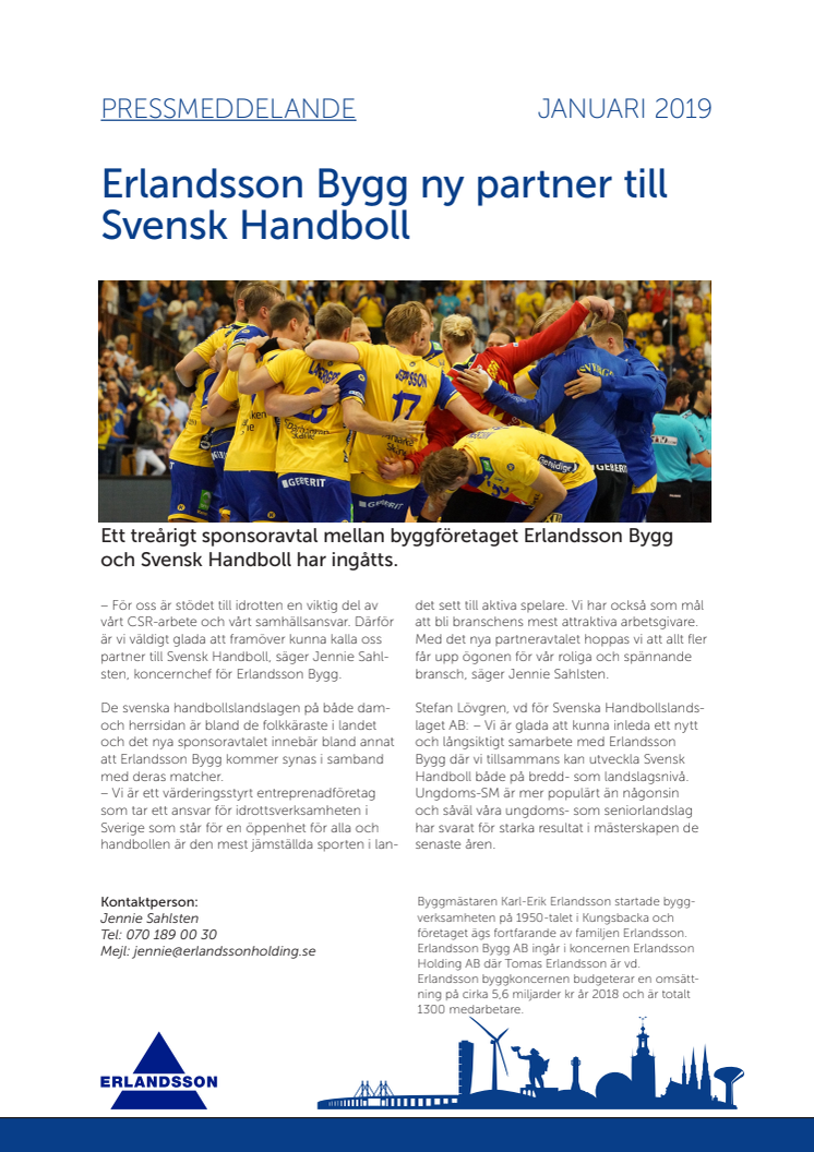 Erlandsson Bygg ny partner till Svensk Handboll