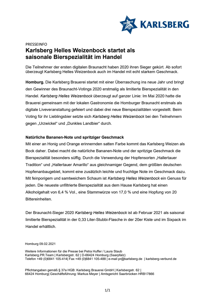 Karlsberg Helles Weizenbock startet als saisonale Bierspezialität im Handel 