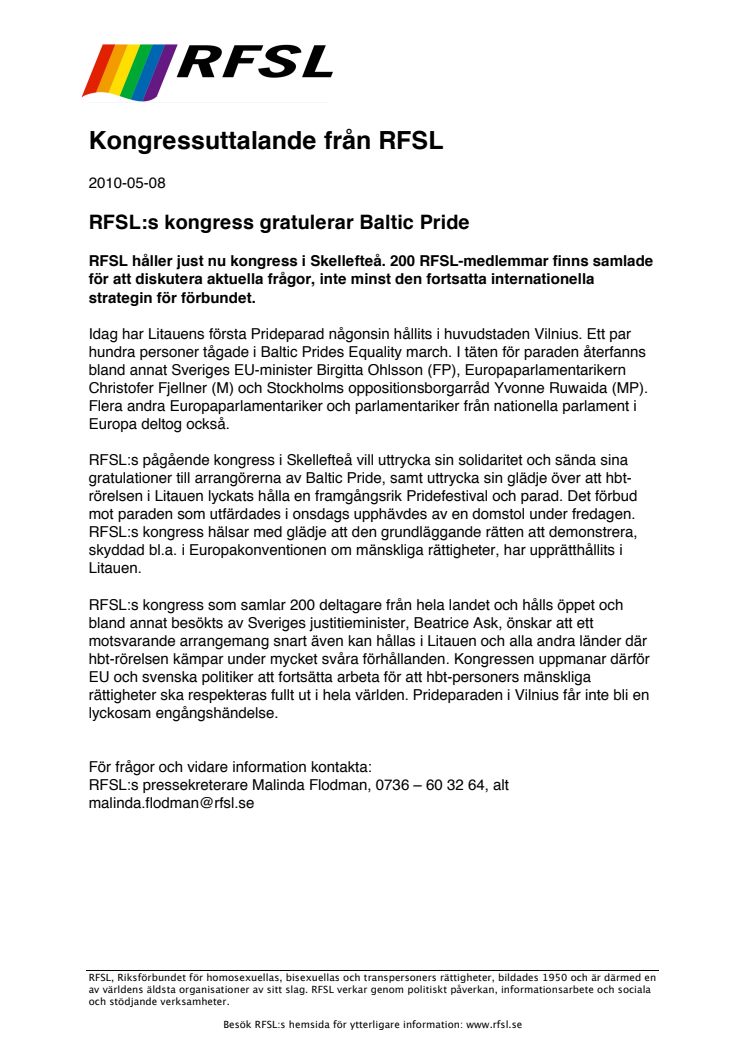 RFSL:s kongress gratulerar Baltic Pride