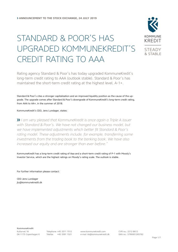 Standard & Poor's has upgraded KommuneKredit's credit rating to AAA