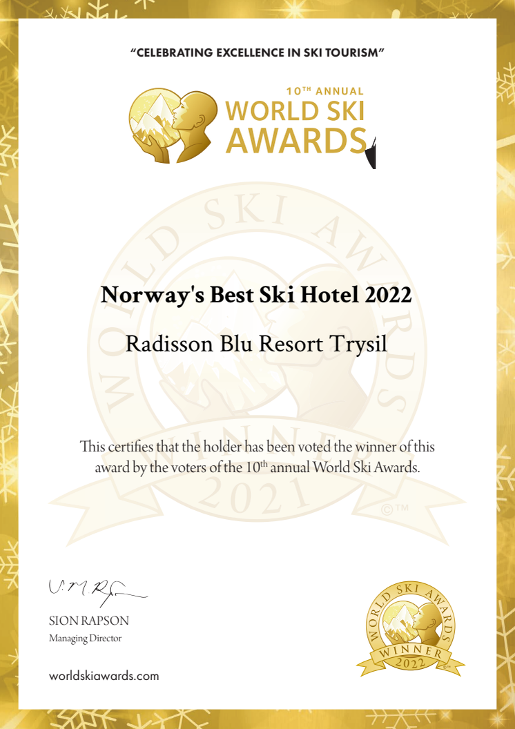 Radisson Blu Resort Trysil er kåret til Norges beste skihotell