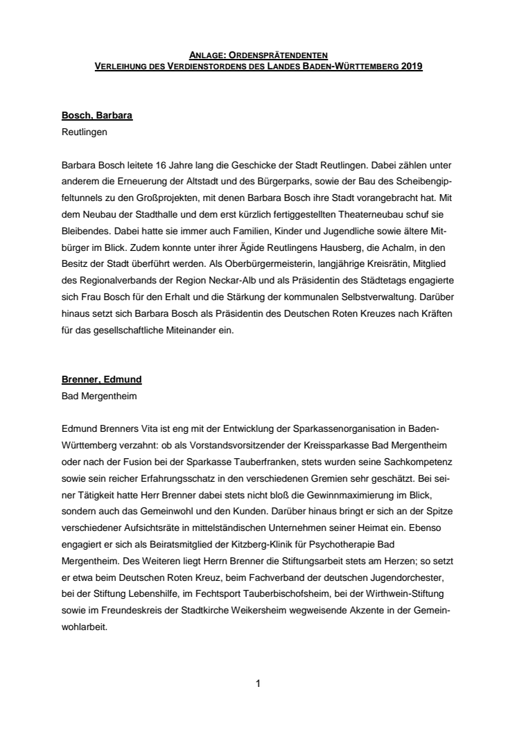 Ordensprätendenten - Verleihung des Verdienstordens des Landes Baden-Württemberg 2019