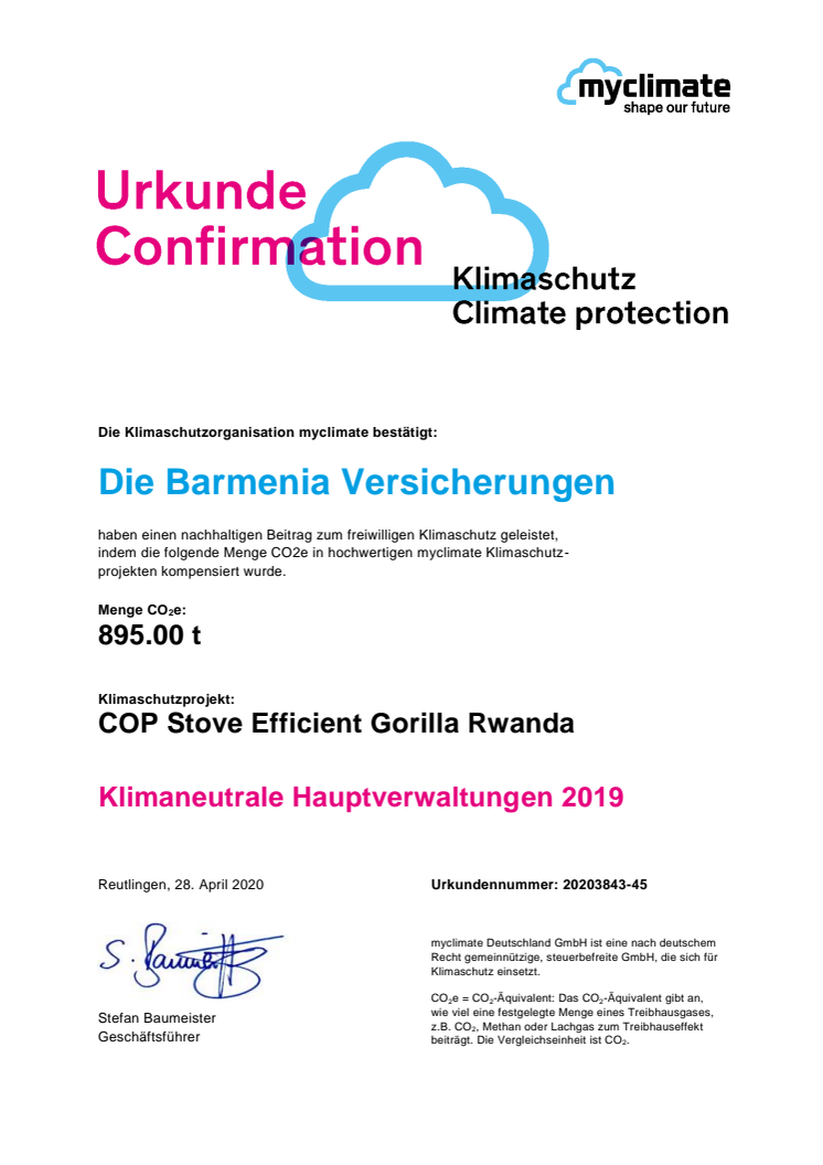 myclimate: Urkunde Klimaneutrale Barmenia-Hauptverwaltungen 2019