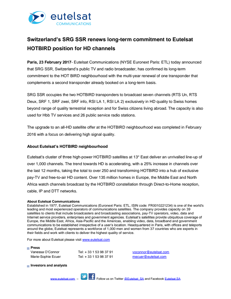 Switzerland’s SRG SSR renews long-term commitment to Eutelsat HOTBIRD position for HD channels