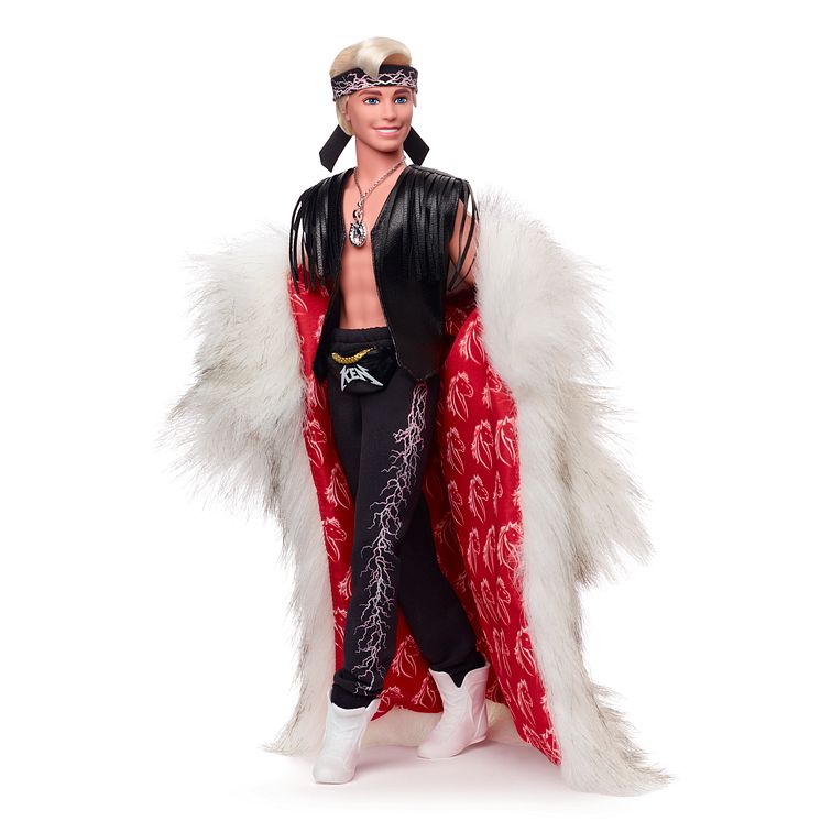 Barbie™ The Movie Ken® Doll Wearing Faux Fur Coat and Black Fringe Vest (HRF31)