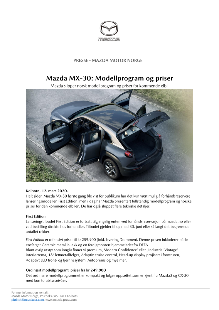 Mazda MX-30: Modellprogram og priser
