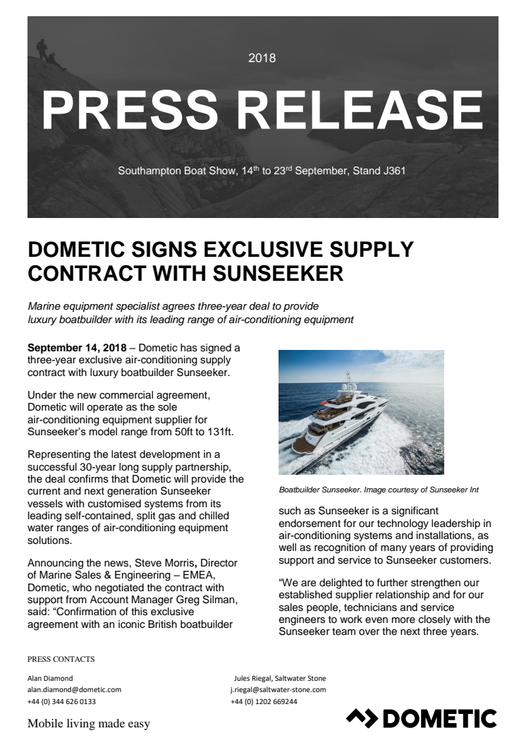 Dometic Signs Exclusive Supply Contract with Sunseeker
