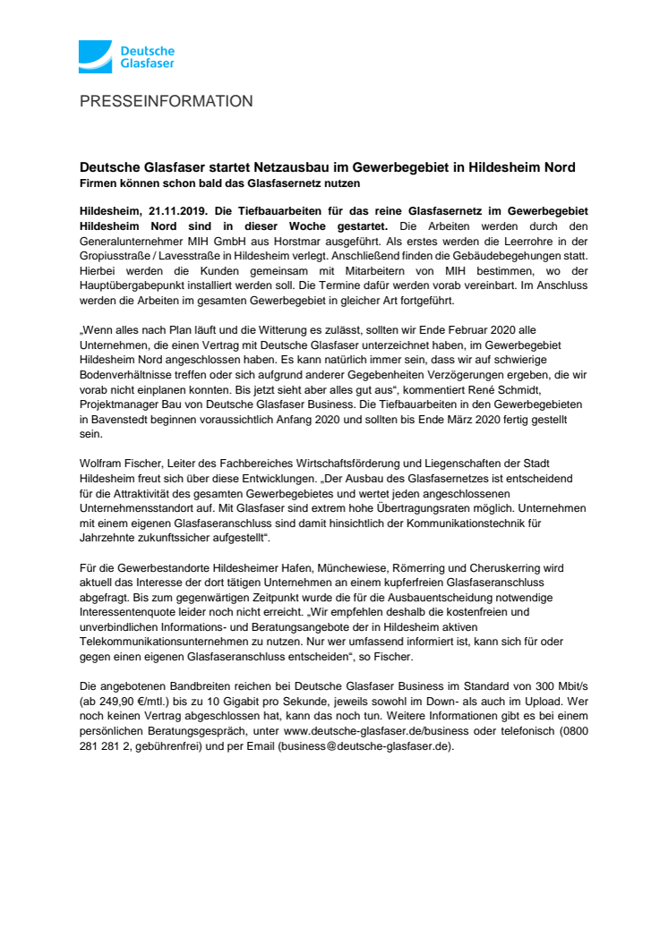 Deutsche Glasfaser startet Netzausbau im Gewerbegebiet in Hildesheim Nord