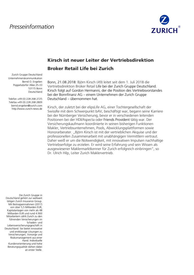 Kirsch ist neuer Leiter der Vertriebsdirektion Broker Retail Life bei Zurich