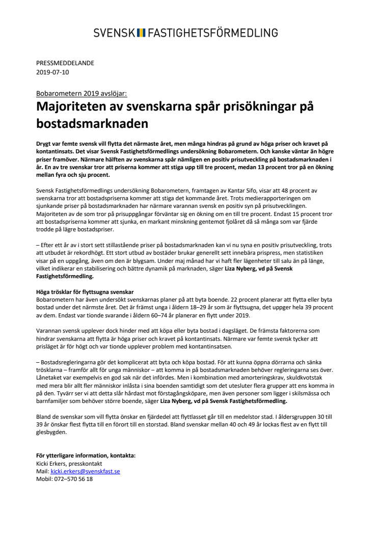Bobarometern 2019 avslöjar: Majoriteten av svenskarna spår prisökningar på bostadsmarknaden