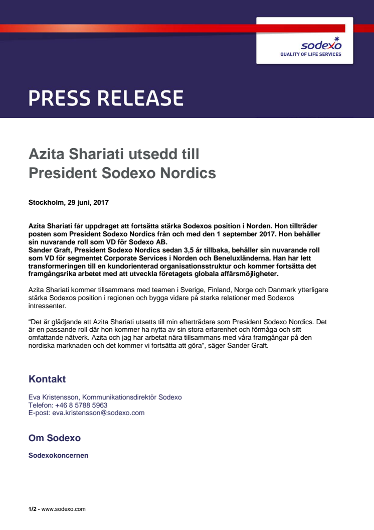 Azita Shariati utsedd till President Sodexo Nordics
