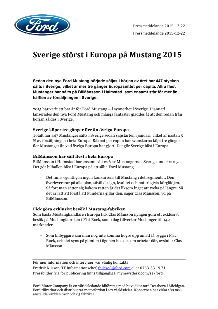 Sverige störst i Europa på Mustang 2015
