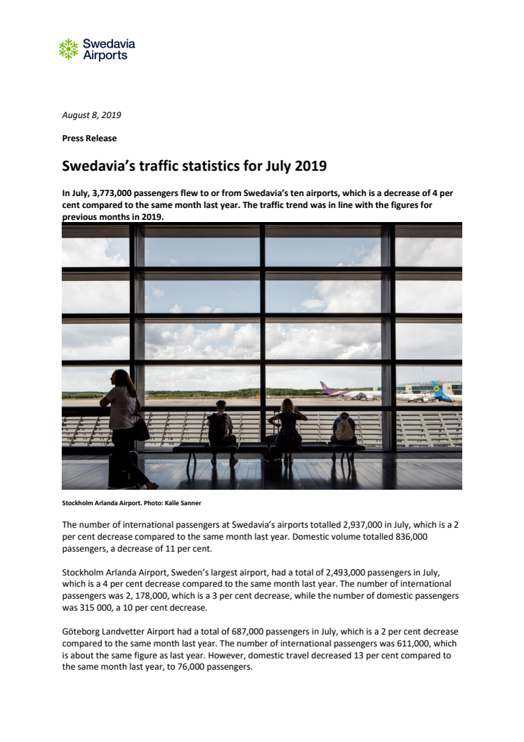Swedavia’s traffic statistics for July 2019