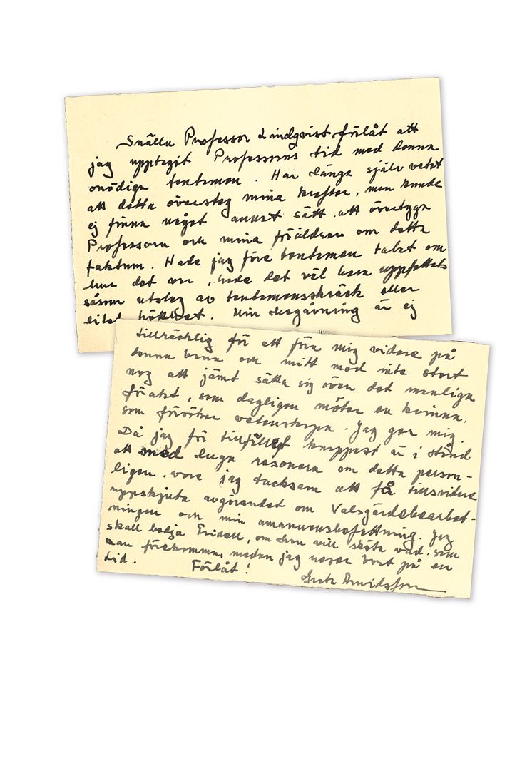 Brevet Greta skrev men aldrig skickade till sin professor Sune Lindqvist. Från ATA.