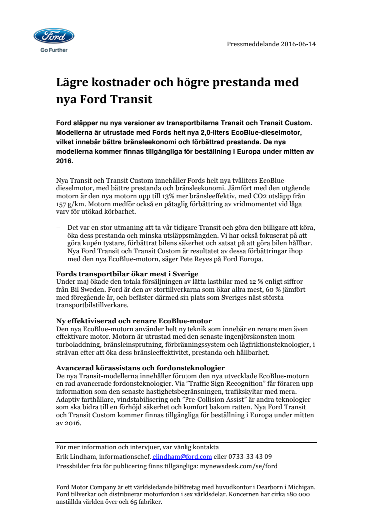 Lägre kostnader och högre prestanda med nya Ford Transit 