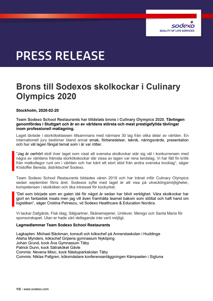 Brons till Sodexos skolkockar i Culinary Olympics 2020