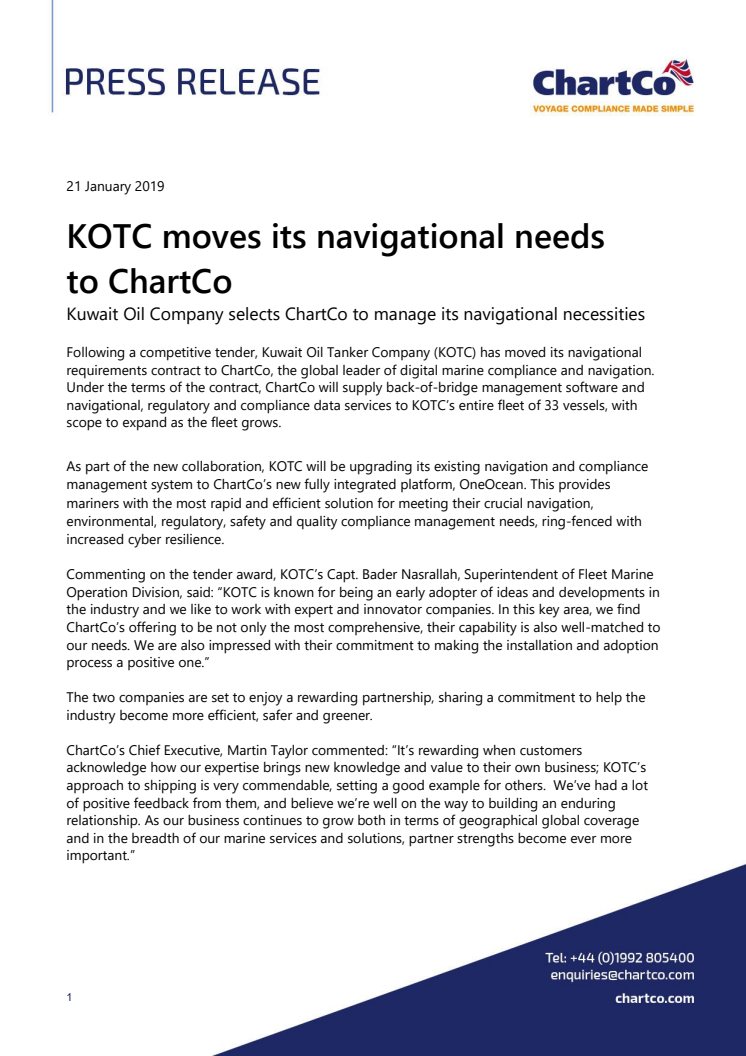 ChartCo: KOTC moves its navigational needs  to ChartCo