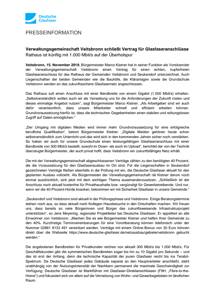 Verwaltungsgemeinschaft Veitsbronn schließt Vertrag für Glasfaseranschlüsse