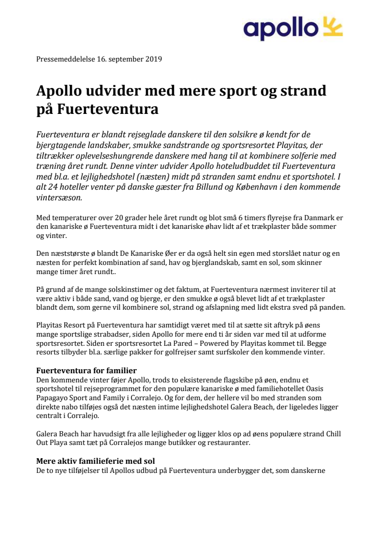 Apollo udvider med mere sport og strand på Fuerteventura