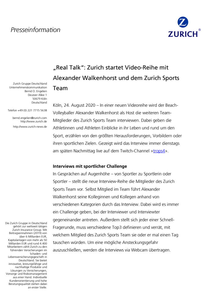 „Real Talk“: Zurich startet Video-Reihe mit Alexander Walkenhorst und dem Zurich Sports Team