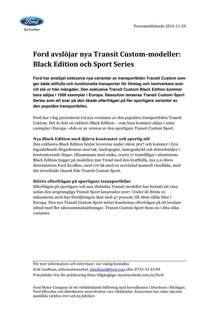 Ford avslöjar nya Transit Custom-modeller: Black Edition och Sport Series