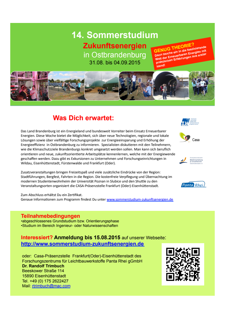 14. Sommerstudium „Zukunftsenergien in Ostbrandenburg“ vom 31. August bis 4. September 2015