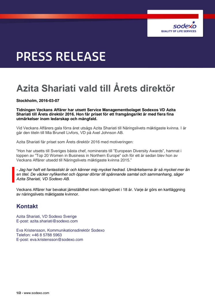 Azita Shariati vald till Årets direktör