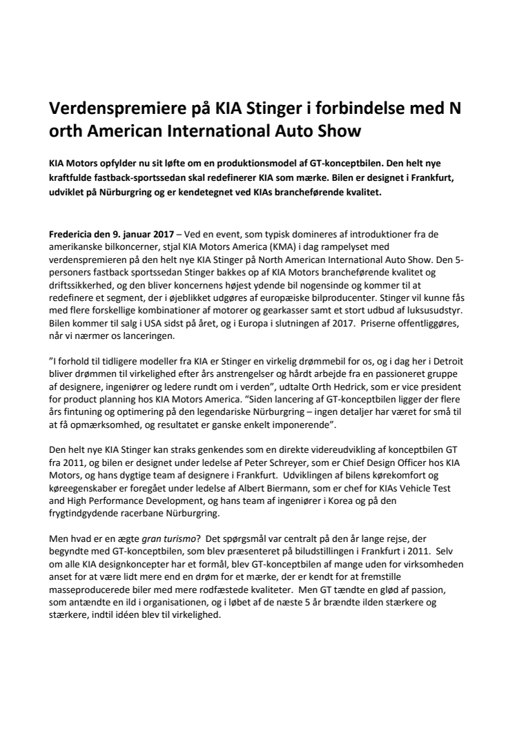 Verdenspremiere på KIA Stinger i forbindelse med North American International Auto Show