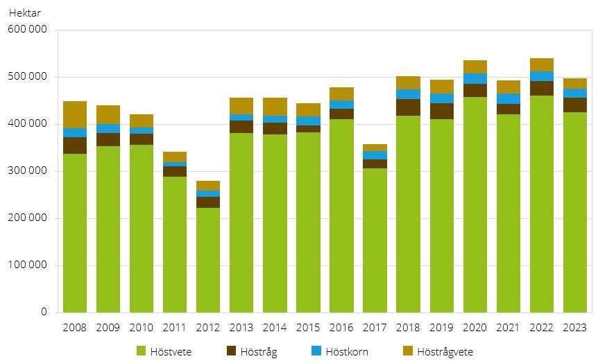 Höstsådda arealer av spannmål 2008–2023